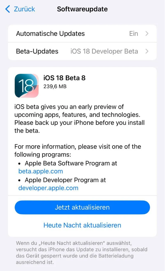 信丰苹果手机维修分享苹果 iOS / iPadOS 18 开发者预览版 Beta 8 发布 